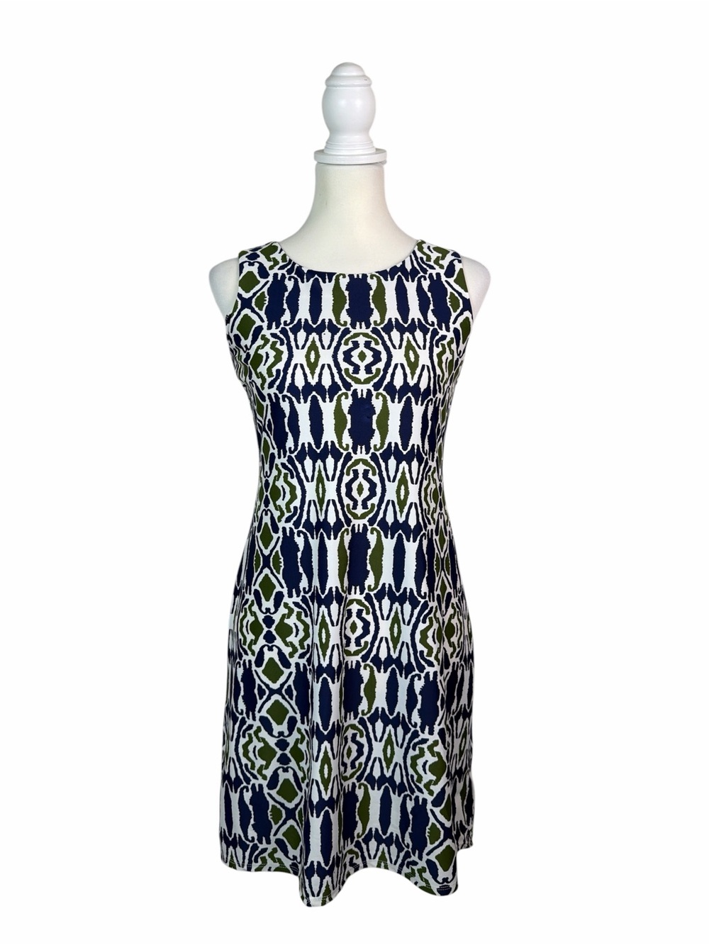 Jude Connally XS Blue Green Geometric Print Sleeveless Dress Stretch Sheath